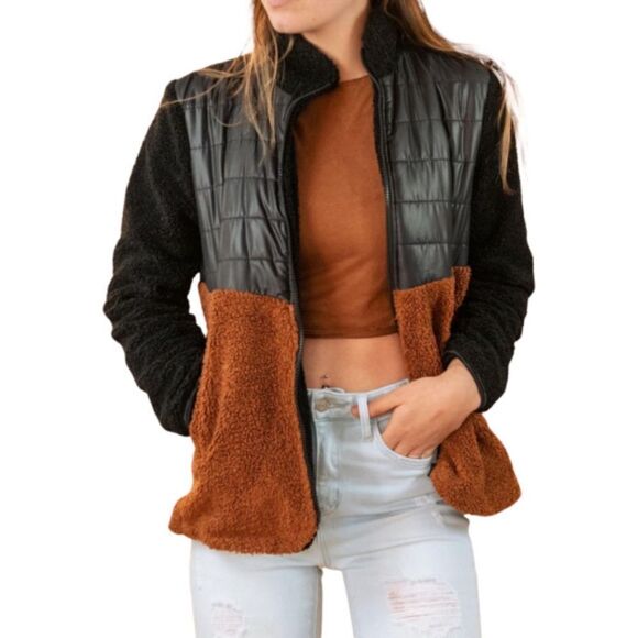 Women’s cozy black and camel zip-up jacket- size XL - Picture 1 of 10